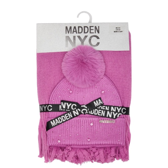 Madden NYC Pink Pom-Pom Beanie and Scarf Set with Rhinestone Accents - Picture 1 of 4